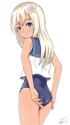  adjusting_clothes adjusting_swimsuit arms_behind_back ass bare_shoulders blonde_hair blue_eyes blue_one-piece_swimsuit blush closed_mouth commentary_request cowboy_shot female from_behind kantai_collection linfa_(futari_midara) long_hair looking_back one-piece_swimsuit ro-500_(kancolle) sailor_collar school_swimsuit shirt simple_background skin_tight sleeveless sleeveless_shirt smile solo standing swimsuit swimsuit_under_clothes tan tanlines white_background white_shirt 