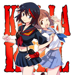  2girls black_hair blue_eyes blue_skirt brown_eyes brown_hair commentary_request gloves kill_la_kill mankanshoku_mako matoi_ryuuko multiple_girls one_eye_closed school_uniform senketsu skirt smile su_(pixiv44447) 