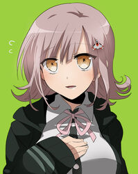  bad_id bad_pixiv_id black_hoodie blush breasts commentary_request danganronpa_(series) danganronpa_2:_goodbye_despair female fingernails flipped_hair galaga green_background hair_between_eyes hair_ornament hairclip hand_on_own_chest hood hoodie large_breasts light_brown_hair long_sleeves looking_at_viewer medium_hair nanami_chiaki open_mouth photoshop_(medium) pink_hair pink_ribbon ribbon simple_background solo suzuka_(rekkyo) upper_body 