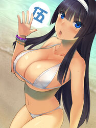  :o bad_id bad_pixiv_id beach bikini black_hair blue_eyes bracelet breasts cleavage commentary_request female from_above hairband highres houjou_ujiyasu_(sengoku_hime) jewelry large_breasts long_hair navel open_mouth photoshop_(medium) sengoku_hime shiny_skin solo speech_bubble string_bikini sweat swimsuit very_long_hair white_bikini yuzuriha_(active_homing) 