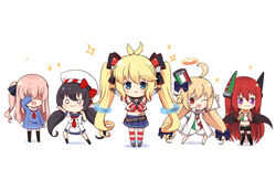  5girls ahoge andrea_doria_(warship_girls_r) antonio_da_noli_(warship_girls_r) arms_up aviere_(warship_girls_r) bad_link bow camicia_nera_(warship_girls_r) chibi closed_mouth covering_own_eyes linda_b long_hair looking_at_viewer multiple_girls o_o one_eye_closed open_mouth outstretched_arm smile standing star_(symbol) tears thighhighs twintails ugolino_vivaldi_(warship_girls_r) warship_girls_r white_background 