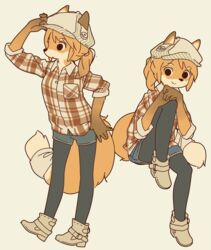  alternative_fashion anthro biped black_eyes bottomwear canid canine clothed clothing female flannel_shirt footwear fox fur hair hat headgear headwear j-fashion kemono legwear looking_at_viewer mammal orange_body orange_fur orange_hair shirt shizuku_(yagi) shoes shorts simple_background smile solo stockings tail tail_wraps tan_body tan_fur topwear white_background wraps yagi_the_goat 