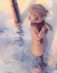  blonde_hair blue_eyes female jacket lowres original puddle scarf short_hair solo weno weno&#039;s_blonde_original_character 