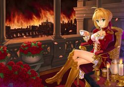  ahoge armored_boots blonde_hair boots candle chair chalice cityscape cleavage_cutout clothing_cutout commentary_request cup dress epaulettes fate/extra fate_(series) female fire flower green_eyes hair_bun hair_intakes hair_ribbon holding holding_cup knee_boots nero_claudius_(fate) nero_claudius_(fate/extra) npcpepper petals red_dress red_ribbon ribbon rose single_hair_bun sitting solo 