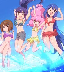  bandou_marimo blue_eyes blue_hair brown_hair gradient gradient_background green_eyes jump ocean oshimoto_yuri purple_eyes purple_hair shinjou_kanae_(teekyuu) short_hair stitched takamiya_nasuno teekyuu 