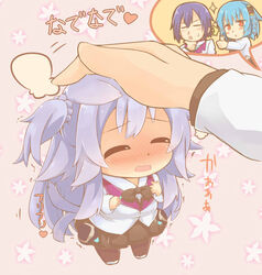  1boy 2girls amagiri_ayato animal_ears blue_hair blush bow bowtie braid cat_ears cat_tail chibi closed_eyes commentary_request gakusen_toshi_asterisk grey_hair hair_ornament hazuki_ruu headpat kemonomimi_mode light_purple_hair multiple_girls open_mouth out_of_frame pantyhose pov pov_hands purple_hair red_eyes sasamiya_saya school_uniform shirt skirt solo_focus sparkle tail tail_wagging thumbs_up toudou_kirin translated trembling two_side_up wavy_mouth 