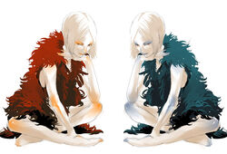  2girls \||/ bad_id bad_pixiv_id color_contrast crossed_legs dress dual_persona feather_boa fingernails head_rest multiple_girls on_floor original palette_swap polar_opposites red_eyes shiroton_(kazamineko) short_hair simple_background sitting toenails white_background white_hair 