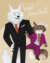  2022 anthro black_nose bottomwear canid canine canis closed_eyes clothing coffeestripes domestic_cat duo felid feline felis hi_res illumination_entertainment jerry_(sing) jimmy_crystal male mammal necktie pants shirt sing_(movie) size_difference suit text topwear white_body wolf 