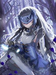  ascot blindfold blue_dress blue_flower breasts commentary_request covered_eyes dress fate/grand_order fate_(series) feet_out_of_frame female flower forest gloves grey_ascot grey_dress grey_gloves grey_hair highres light_particles long_hair m0_chi md5_mismatch melusine_(fate) melusine_(first_ascension)_(fate) nature parted_lips petticoat sitting small_breasts smile teeth thighhighs tree white_hair white_legwear 