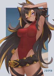  arm_strap arm_up armpits bare_shoulders belt black_hair blonde_hair blue_eyes border breasts claw_ring commentary_request covered_navel cowboy_shot crossed_bangs dangle_earrings dark-skinned_female dark_skin dehya_(genshin_impact) earrings female genshin_impact hair_between_eyes hair_ears hand_on_own_hip head_tilt highleg highleg_leotard highres jdpr jewelry large_breasts leotard long_hair looking_at_viewer multicolored_hair multiple_thigh_straps one_eye_closed patreon_username red_leotard single_earring skindentation sleeveless_turtleneck_leotard smile solo streaked_hair thick_thighs thigh_strap thighs toned two-tone_hair watermark web_address white_border 