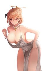  azur_lane backless_dress backless_outfit bare_shoulders blonde_hair bracelet breasts butt_crack cleavage commission cosplay cowl_neck dress dungeon_and_fighter english_commentary evening_gown female hair_between_eyes hair_ornament hairpin halter_dress halterneck jewelry korean_commentary large_breasts leaning_forward long_hair mixed-language_commentary moth1 necklace plunging_neckline red_eyes revealing_clothes silver_dress simple_background st._louis_(azur_lane) st._louis_(azur_lane)_(cosplay) st._louis_(luxurious_wheels)_(azur_lane) white_background 