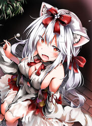  absurdres alternate_breast_size animal_ears azur_lane bare_shoulders blush bow breasts cat_ears cat_girl cleavage detached_sleeves dress female flower hair_between_eyes hairbow highres indoors kuromiko_shoujo long_hair looking_at_viewer medium_breasts mimikaki neck_ribbon open_mouth plant red_bow ribbon sitting sleeveless sleeveless_dress solo twintails very_long_hair white_dress white_hair yukikaze_(azur_lane) yukikaze_(winter&#039;s_snowy_wind)_(azur_lane) 