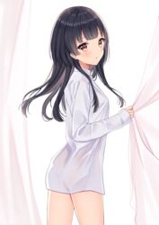  :o absurdres bare_legs black_hair blunt_bangs blush breasts brown_eyes collared_shirt curtain_grab curtains dress_shirt female hair_down highres idolmaster idolmaster_shiny_colors long_hair long_sleeves looking_at_viewer looking_back mayuzumi_fuyuko mochiko_(uyu_omochi) no_pants open_mouth shirt simple_background small_breasts solo white_background white_shirt 