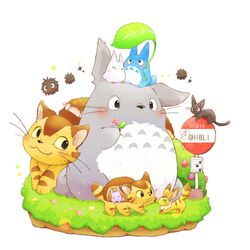  animal_focus chibi_totoro chuu_totoro feline flower jiji_(majo_no_takkyuubin) kaze_no_tani_no_nausicaa leaf leaf_umbrella majo_no_takkyuubin nekobus no_humans signpost sitting sitting_on_head sitting_on_person studio_ghibli susuwatari teto_(nausicaa) tonari_no_totoro totoro ushiina 