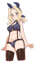  aomushi_(mushamusha) bikini black_thighhighs blonde_hair blue_bikini blue_eyes blush breasts cleavage cleavage_cutout clothing_cutout cropped_legs denim_bikini female garter_straps girls_und_panzer groin hair_up highres kay_(girls_und_panzer) looking_at_viewer medium_breasts medium_hair navel open_mouth ponytail pubic_tattoo simple_background skindentation solo standing stomach suspenders swimsuit tattoo thighhighs white_background 