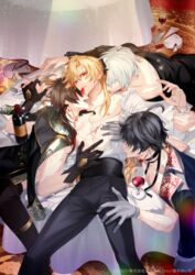  4boys alcohol black_hair blonde_hair brown_hair character_request colored_tips earrings frilled_shirt frills gem hair_over_eyes high_ponytail hiki_yuichi holding_hands_is_lewd interlocked_fingers jewelry lens_flare licking licking_another&#039;s_neck light_particles light_rays looking_at_viewer lying male_focus male_harem multicolored_hair multiple_boys nipples open_clothes orange_hair oujitachi_no_insan red_eyes red_gemstone shirt short_hair tongue tongue_out white_hair wine yaoi yellow_gemstone 