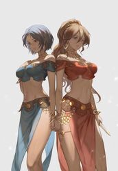  2girls absurdres bangle bare_shoulders blue_hair blue_shirt bracelet breasts brown_eyes brown_hair crop_top dancer earrings feet_out_of_frame grey_background hair_between_eyes highres holding holding_hands holding_knife holding_weapon hoop_earrings jewelry knife liang_mianti looking_at_viewer medium_breasts midriff mole mole_under_mouth multiple_girls navel necklace octopath_traveler octopath_traveler_i off-shoulder_shirt off_shoulder pelvic_curtain photoshop_(medium) primrose_azelhart red_shirt shirt short_hair short_sleeves simple_background standing stomach thighs weapon yusufa 