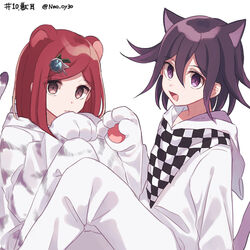  1boy animal_costume animal_ears animal_hands animal_print bad_id bad_pixiv_id black_hair cat_costume cat_ears cat_tail checkered_clothes checkered_scarf closed_mouth commentary_request danganronpa_(series) danganronpa_v3:_killing_harmony female from_side hair_between_eyes hair_ornament hairclip hand_up hood hood_down looking_at_viewer nanao_(nanao1023) oma_kokichi open_mouth purple_eyes purple_hair red_eyes red_hair scarf short_hair simple_background sitting smile tail tiger_costume tiger_ears tiger_print white_background yumeno_himiko 