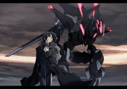  1boy black_hair bodysuit clothing_cutout cloud cloudy_sky coat film_grain glowing grimreaper_(fafner) letterboxed long_sleeves makabe_kazuki mecha open_clothes open_coat parted_bangs pilot_suit protected_link robot science_fiction short_hair sky soukyuu_no_fafner synergetic_suit thigh_cutout yellow_eyes yri_ll 