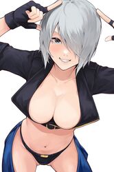  angel_(kof) blue_eyes bra breasts chaps cropped_jacket female fingerless_gloves gloves hair_over_one_eye highres horns_pose index_fingers_raised jacket large_breasts leather leather_jacket looking_at_viewer navel snk solo strapless strapless_bra the_king_of_fighters the_king_of_fighters_xiv toned underwear white_hair yamanoko_19517 