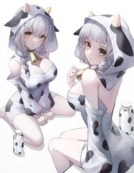  2girls absurdres animal_hood animal_print bell bottle braid breasts brown_eyes cleavage commentary cow_hood cow_horns cow_print cowbell crystalherb detached_sleeves dress fake_horns grey_hair hair_over_shoulder highres hood horns large_breasts long_hair looking_at_viewer md5_mismatch milk_bottle multiple_girls neck_bell original pout simple_background single_braid sitting symbol-only_commentary white_background white_dress white_sleeves 