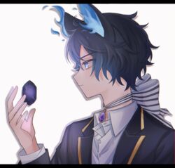  1boy animal_ears black_gemstone black_hair blue_eyes blue_hair cat_boy cat_ears facing_to_the_side fiery_hair floating gem grim_(twisted_wonderland) highres letterboxed looking_to_the_side male_focus multicolored_hair nana_(eegm4275) night_raven_college_uniform personification school_uniform solo twisted_wonderland white_background 