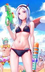  2boys ^_^ anger_vein beach bikini black_bikini black_hairband blue_sky breasts clenched_teeth closed_eyes cloud commentary day eas_(fresh_precure!) female fresh_precure! hairband halterneck higashi_setsuna highres holding holding_water_gun itou_shin&#039;ichi looking_at_viewer male_swimwear multiple_boys navel object_in_clothes object_in_swimsuit ocean outdoors parasol pink_hair precure short_hair side-tie_bikini_bottom sky small_breasts souler_(fresh_precure!) standing string_bikini summer swim_trunks swimsuit teeth umbrella water water_gun wester_(fresh_precure!) white_hair 