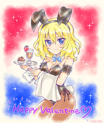  alternate_costume animal_ears armband artist_name black_leotard black_pantyhose blonde_hair blue_background blue_bow blue_bowtie blue_eyes bow bowtie breasts chocolate cleavage closed_mouth collar commentary cowboy_shot cup detached_collar drinking_glass english_text fake_animal_ears fake_tail female food frilled_armband frills fruit girls_und_panzer happy_valentine heart holding holding_tray kuromori_yako leotard looking_at_viewer medium_breasts medium_hair messy_hair multicolored_background oshida_(girls_und_panzer) pantyhose playboy_bunny rabbit_ears rabbit_tail red_background side-tie_leotard smile solo sparkle standing strapless strapless_leotard strawberry tail towel tray white_collar wine_glass wing_collar wrist_cuffs 