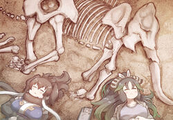  2girls black_hair brown_hair closed_eyes coat detached_sleeves fossil from_above fur-trimmed_sleeves fur_scarf fur_trim green_hair hair_ornament kako_(kemono_friends) kemono_friends long_hair lying mammoth_(kemono_friends) multicolored_hair multiple_girls on_back scarf shirt skeleton sleeping tanaka_kusao two-tone_hair upper_body 