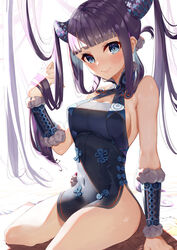  absurdres backlighting bangs bare_shoulders black_dress blue_eyes blunt_bangs blush breasts china_dress chinese_clothes cleavage closed_mouth covered_navel detached_sleeves dress fate/grand_order fate_(series) female hair_ornament highres large_breasts long_hair looking_at_viewer purple_hair side_slit sideboob sidelocks simple_background sitting smile solo taiga_(ryukyu-6102-8) thighs twintails very_long_hair white_background yang_guifei_(fate/grand_order) 