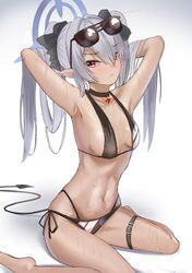  armpits arms_behind_head bikini black_bikini blue_archive blush breasts dark-skinned_female dark_skin eyewear_on_head female grey_hair highres iori_(blue_archive) iori_(swimsuit)_(blue_archive) long_hair mochini multi-strapped_bikini_bottom navel pointy_ears purple_eyes sitting solo sunglasses swimsuit tail thigh_strap twintails wariza wet 