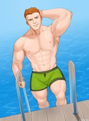  1boy abs absurdres animification arm_behind_head bara commission dc_comics garbancobean green_eyes green_lantern_(series) green_male_swimwear guy_gardner highres jewelry large_pectorals looking_at_viewer male_focus male_swimwear muscular muscular_male navel nipples orange_hair pectorals pool pool_ladder ring short_hair smile solo teeth thick_thighs thighs topless_male undercut water wet wet_face 