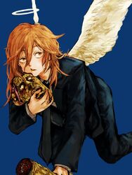  1boy angel angel_devil_(chainsaw_man) angel_wings black_jacket black_necktie blonde_hair business_suit chainsaw_man collared_shirt eating feathered_wings formal hair_between_eyes halo jacket kneeling long_hair long_sleeves male_focus mon_star200cc necktie pants shirt simple_background solo suit white_shirt white_wings wings 