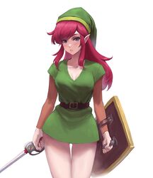  athenawyrm belt blue_eyes boots breasts cowboy_shot female genderswap_(mtf) green_hat hat highres large_breasts link link_(shounen_captain) long_hair long_sleeves looking_at_viewer pointy_ears red_hair rule_63 shield simple_background solo standing sword the_legend_of_zelda the_legend_of_zelda_(nes) tunic weapon white_background 