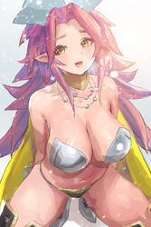  angela_(seiken_densetsu_3) armor bad_id bad_pixiv_id bikini_armor breasts cape choker cleavage commentary female gradient_background grey_background highres jewelry large_breasts long_hair magus_(seiken_densetsu_3) necklace open_mouth photoshop_(medium) pink_hair pointy_ears rosie99 seiken_densetsu seiken_densetsu_3 yellow_eyes 