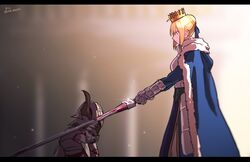  2girls ahoge applechoc armor artoria_pendragon_(fate) blonde_hair cape clarent_(fate) crown fate/apocrypha fate/stay_night fate_(series) from_side highres horns kneeling knighting looking_at_another mordred_(fate) mordred_(fate/apocrypha) multiple_girls ribbon saber_(fate) signature sunlight sword twitter_username weapon 