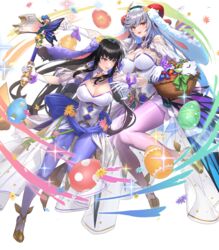  2girls animal_ears axe basket battle_axe black_hair breasts cleavage cuboon curled_horns easter_egg egg fake_animal_ears fire_emblem fire_emblem:_the_blazing_blade fire_emblem_heroes floating floating_object flower freyja_(fire_emblem) freyja_(spring)_(fire_emblem) full_body gloves grey_eyes hair_ornament high_heels highleg highleg_leotard highres holding holding_weapon horns karla_(fire_emblem) karla_(spring)_(fire_emblem) large_breasts leotard long_hair medium_breasts multiple_girls non-web_source official_art open_mouth pantyhose parted_lips rabbit_ears red_eyes ribbon see-through shiny_clothes skin_tight smile sparkle stuffed_animal stuffed_toy transparent_background weapon 