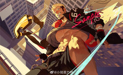  1boy abs absurdres bara black_gloves blonde_hair building clothes_lift commission dark-skinned_male dark_skin day dog_tags facial_hair falling feet_out_of_frame foreshortening from_below gloves goatee goggles goggles_on_head gyee highres jacket large_pectorals long_sideburns looking_at_viewer male_focus mature_male muscular muscular_male navel necklace_in_mouth nipples open_clothes open_jacket original pectorals perspective road romg sample_watermark scar scar_across_eye shirt_lift short_hair sideburns solo stomach stomach_tattoo street sunlight tattoo thick_eyebrows undercut underpec watermark wind xiaolumiaoliya 