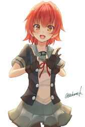  bike_shorts black_jacket commentary_request cowboy_shot female grey_sailor_collar grey_skirt highres jacket kamijou_sadame kantai_collection kinu_(kancolle) kinu_kai_ni_(kancolle) looking_at_viewer one-hour_drawing_challenge orange_eyes pleated_skirt red_hair sailor_collar school_uniform serafuku short_hair short_sleeves shorts shorts_under_skirt simple_background skirt smile solo twitter_username white_background 