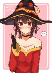  absurdres alternate_hairstyle blush brown_hair choker commentary_request female fingerless_gloves gloves hat highres kono_subarashii_sekai_ni_shukufuku_wo! megumin red_eyes short_hair simple_background solo spoken_blush twintails twintails_day witch_hat yuno_(suke_yuno) 