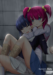  2girls arms_around_neck black_shirt blue_eyes blue_hair blue_skirt blush boots cardcaptor_sakura closed_eyes commentary_request commission crossover daidouji_tomoyo hair_ribbon headlock highres knees_up long_sleeves medium_hair multiple_girls open_mouth outdoors pink_vest pleated_skirt precure rain rear_naked_choke red_hair ribbon sheita shirt sitting skirt two_side_up vest white_shirt white_skirt yellow_ribbon yes!_precure_5 yes!_precure_5_gogo! yumehara_nozomi 