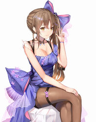  blue_dress bow bracelet breasts brown_eyes brown_hair brown_pantyhose cleavage closed_mouth collarbone commentary crossed_legs dress female girls&#039;_frontline hair_between_eyes hairbow highres homong jewelry k2_(before_dawn)_(girls&#039;_frontline) k2_(girls&#039;_frontline) large_breasts long_hair looking_at_viewer official_alternate_costume pantyhose photoshop_(medium) purple_bow ring shiny_clothes shiny_legwear short_dress side_ponytail simple_background sitting sleeveless sleeveless_dress smile solo thighband_pantyhose very_long_hair w wedding_ring white_background 