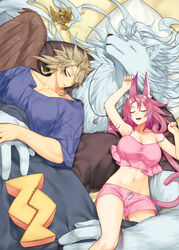  2boys absurdres alternate_costume animal_ears bird breasts commentary_request crop_top dog_tags duel_monster female fingernails furry furry_male grey_hair hand_on_another&#039;s_hand highres large_breasts light_brown_hair long_fingernails long_hair lying lying_on_person midriff multiple_boys navel non-humanoid_robot oerba_yun_fang on_back pillow pink_hair pink_shorts pink_tail robot robot_animal saliva shared_blanket shorts sleeping tail tri-brigade_ferrijit_the_barren_blossom tri-brigade_mercourier tri-brigade_rugal_the_silver_sheller tri-brigade_shuraig_the_ominous_omen vulture_(washizu0808) wings yu-gi-oh! 