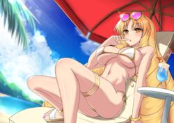  bare_shoulders beach beach_umbrella bikini blonde_hair blue_sky blush breasts brown_eyes cleavage cloud coyomin drill_hair eyewear_on_head fate/hollow_ataraxia fate_(series) female heart heart-shaped_eyewear highres large_breasts long_hair looking_at_viewer luviagelita_edelfelt nail_polish navel open_mouth outdoors palm_tree pink_nails quad_drills sky solo sunglasses swimsuit thighs toenail_polish toenails tree umbrella very_long_hair white_bikini 