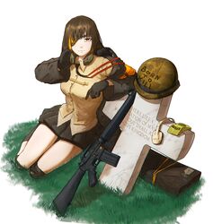  absurdres alt_text armband assault_rifle black_gloves black_skirt brown_hair camouflage camouflage_headwear closed_mouth collared_shirt combat_helmet commentary commission cross ear_protection english_commentary english_text engraved eyepatch female from_above full_body full_metal_jacket girls&#039;_frontline gloves grass green_headwear gun helmet highres jacket knee_pads latin_cross legs looking_at_viewer m16 m16a1 m16a1_(girls&#039;_frontline) m1_helmet multicolored_hair on_grass open_clothes open_jacket pleated_skirt rifle scar scar_on_face shirt sitting skirt solo streaked_hair thighs tombstone unworn_headwear unworn_helmet van_duck_iii weapon white_background yellow_armband yellow_shirt 