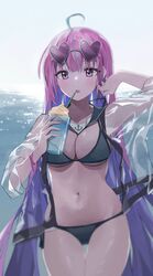  ahoge bikini blue_bikini blush breasts cleavage colored_inner_hair commentary cowboy_shot cup drinking_straw eyewear_on_head female heart heart-shaped_eyewear highres holding holding_cup hololive jacket large_breasts long_hair long_sleeves looking_at_viewer minato_aqua multicolored_hair navel nel_dcm open_mouth pink_eyes pink_hair purple_hair see-through see-through_jacket solo standing stomach sunglasses swimsuit thigh_gap very_long_hair virtual_youtuber 