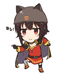  :i animal_ears asymmetrical_legwear black_hair cape cat_ears chibi commentary_request female futaba_channel genba_neko_(meme) helmet highres kono_subarashii_sekai_ni_shukufuku_wo! megumin meme mismatched_legwear parody pointing red_eyes shigoto_neko short_hair translated white_background yuno_(suke_yuno) 