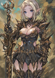  absurdres armor armored_boots armored_skirt blonde_hair blue_eyes boots breasts elf female garter_straps gauntlets highres holding holding_sword holding_weapon looking_at_viewer medium_breasts original pointy_ears sabamiso_taro short_hair shoulder_armor solo standing sword thigh_boots weapon 