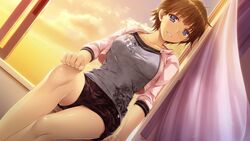  alpha_(yukai_na_nakamatachi) black_shorts blue_eyes boku_no_hitori_sensou breasts brown_hair collarbone dusk dutch_angle female game_cg grey_shirt grin jacket looking_at_viewer medium_breasts okabe_sayo open_clothes open_jacket pink_jacket print_shirt shiny_skin shirt short_hair short_shorts shorts sitting_in_window smile solo unzipped 