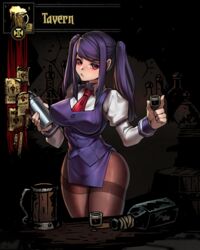  alternate_breast_size black_pantyhose breasts commentary covered_nipples crossover cup darkest_dungeon drinking_glass english_commentary female jill_stingray large_breasts necktie niur pantyhose pelvic_curtain purple_hair red_eyes shot_glass solo thermos twintails va-11_hall-a vest 